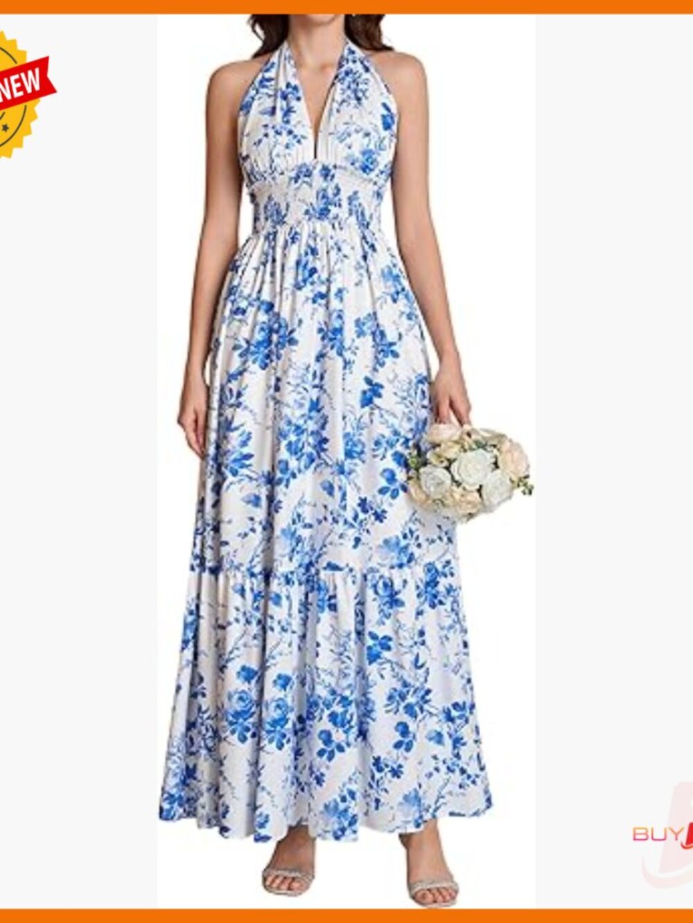 Halter Maxi Dress Flowy V Neck Backless Sundress Summer Wedding Guest